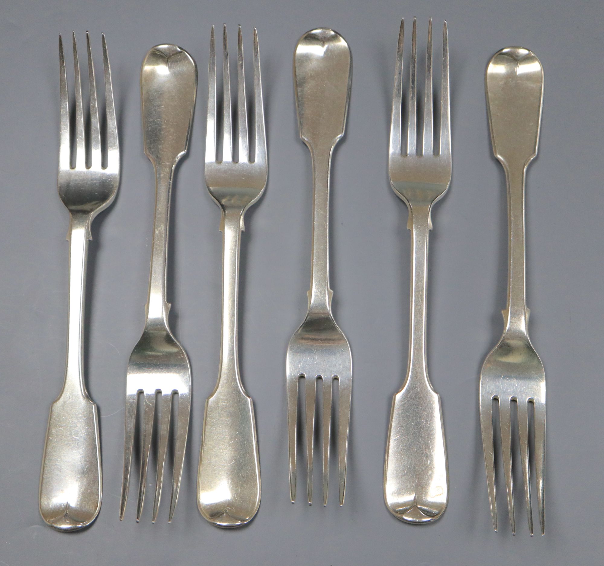A set of six William IV silver fiddle pattern table forks, Mary Chawner, London, 1836,